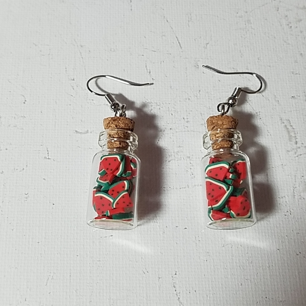 Watermelon Cork Bottled 1 1/2" Earrings Food